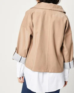 Blouson zippé à grande poche beige foncé