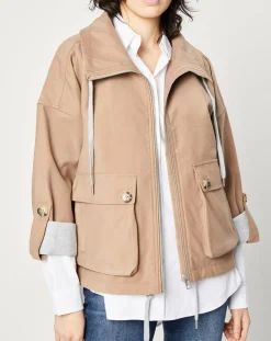 Blouson zippé à grande poche beige foncé
