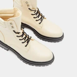 Boots en Cuir à lacets col matelassé beiges - Talon 3 cm