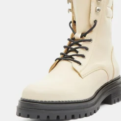 Boots en Cuir à lacets col matelassé beiges - Talon 3 cm