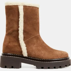 Boots en Velours de Cuir fourrée camel - Talon 5 cm