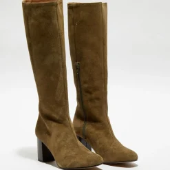 Bottes en Velours de Cuir Lara kaki - Talon 8 cm