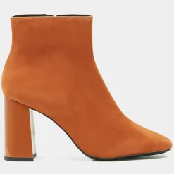 Bottines en Cuir bi-matière à bout carré orange brique - Talon 9 cm