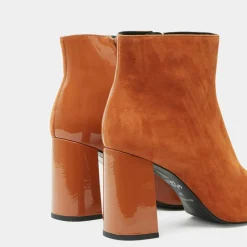 Bottines en Cuir bi-matière à bout carré orange brique - Talon 9 cm