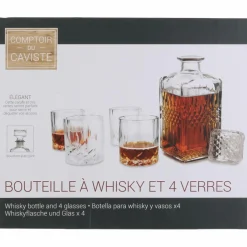 Bouteille whisky et 4 verres transparente - 9x9x24 cm