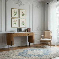 Bureau 2 tiroirs plateau marbre blanc Manguier Kfir II Marron - 140x42x76 cm