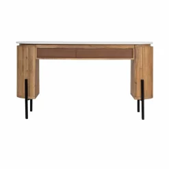 Bureau 2 tiroirs plateau marbre blanc Manguier Kfir II Marron - 140x42x76 cm