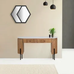 Bureau 2 tiroirs plateau marbre blanc Manguier Kfir II Marron - 140x42x76 cm