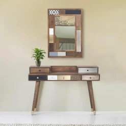 Bureau multi-matériaux peau de vache bois sculpté Naturel - 130x45x88 cm