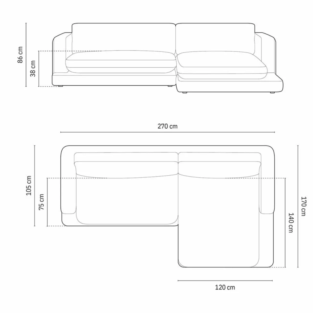 Canapé d'angle droit Daphne 4 Places Gris Foncé - 270x170x86 cm