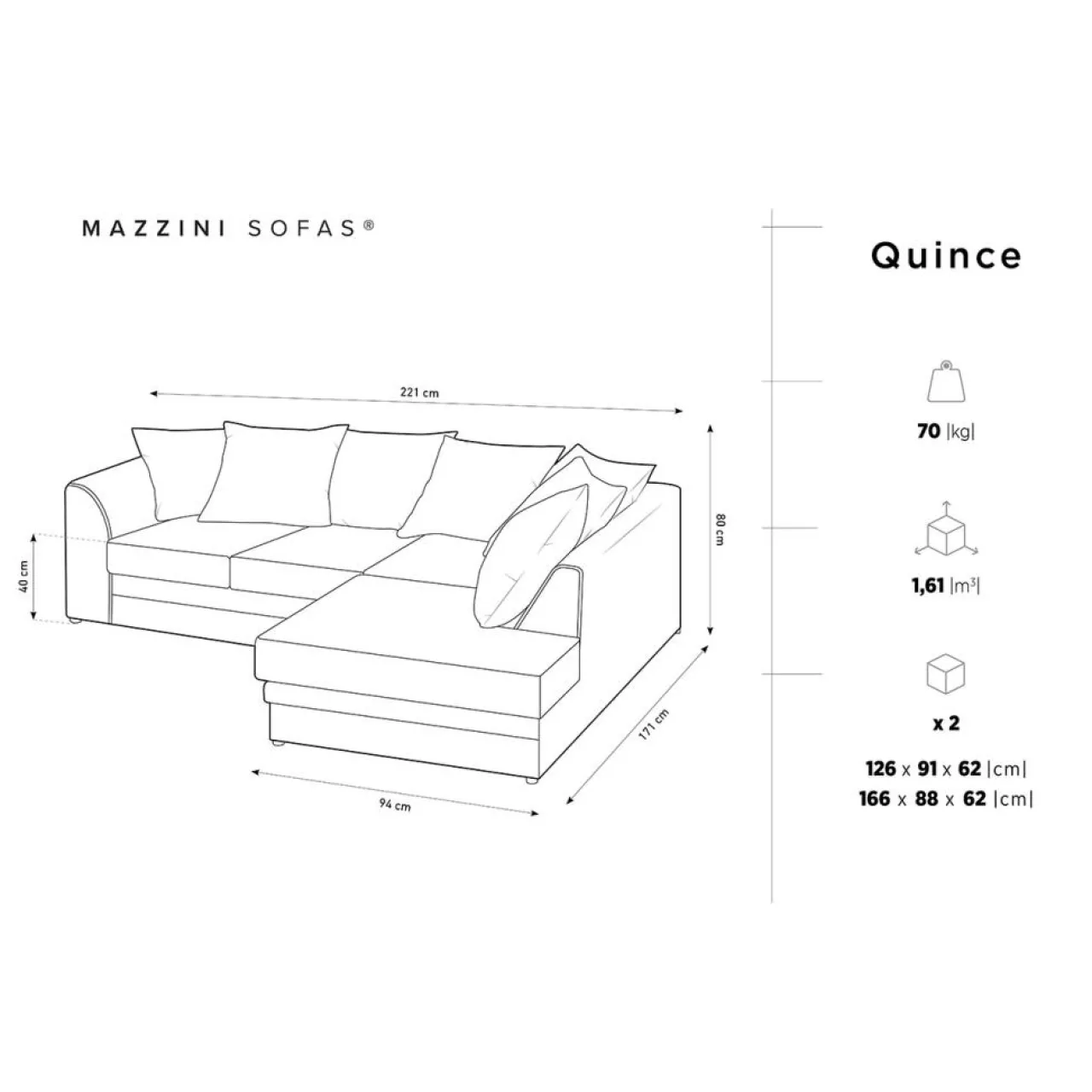 Canapé d'angle Droit Quince Velours côtelé 4 Places beige clair - 221x171x80 cm