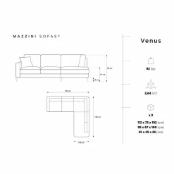 Canapé d'angle Droit Velours Venus 5 Places gris - 254x185x90 cm
