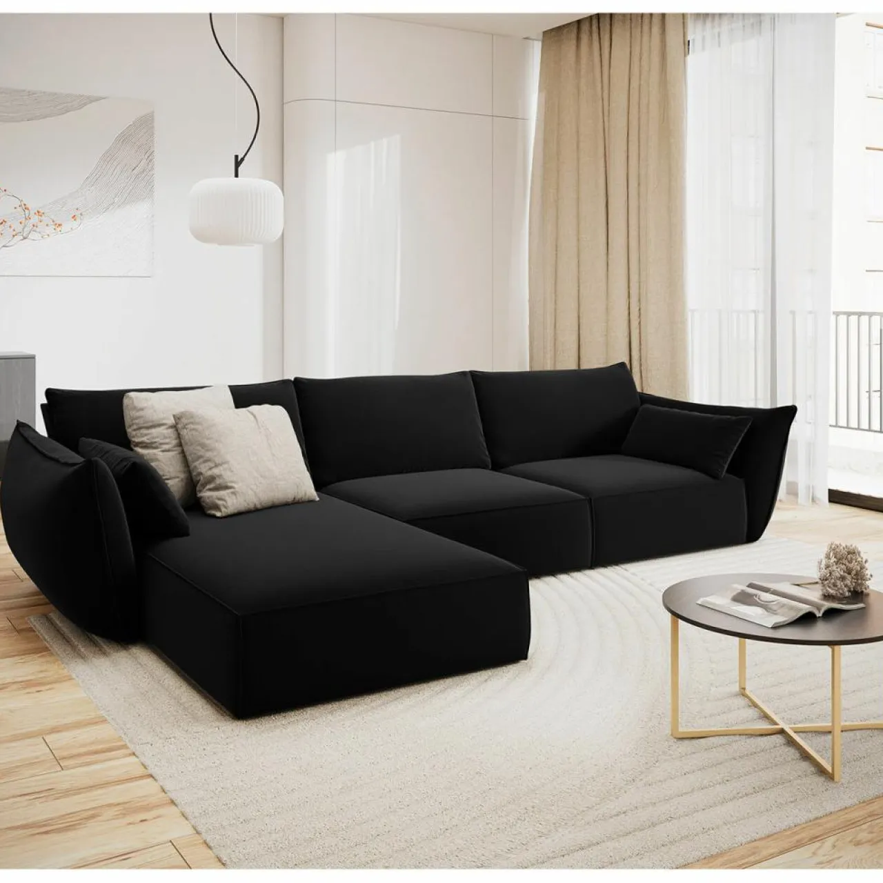 Canapé d'angle gauche Velours Vanda 4 Places noir - 300x166x85 cm