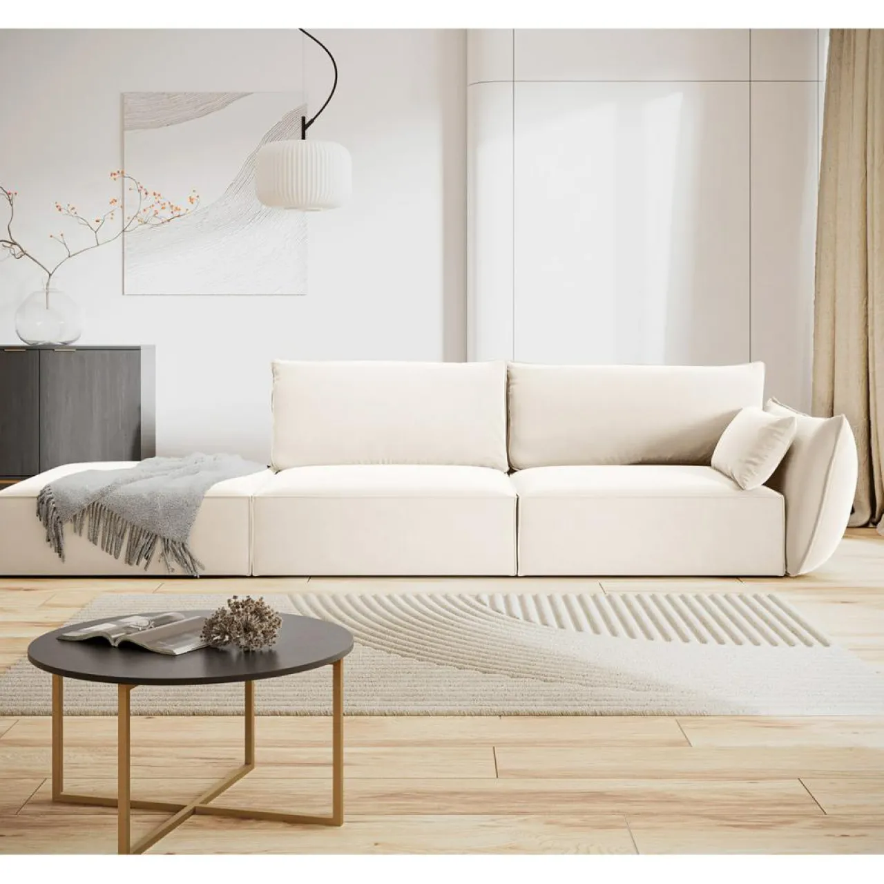 Canapé droit Velours Vanda 4 Places beige clair - 286x100x85 cm