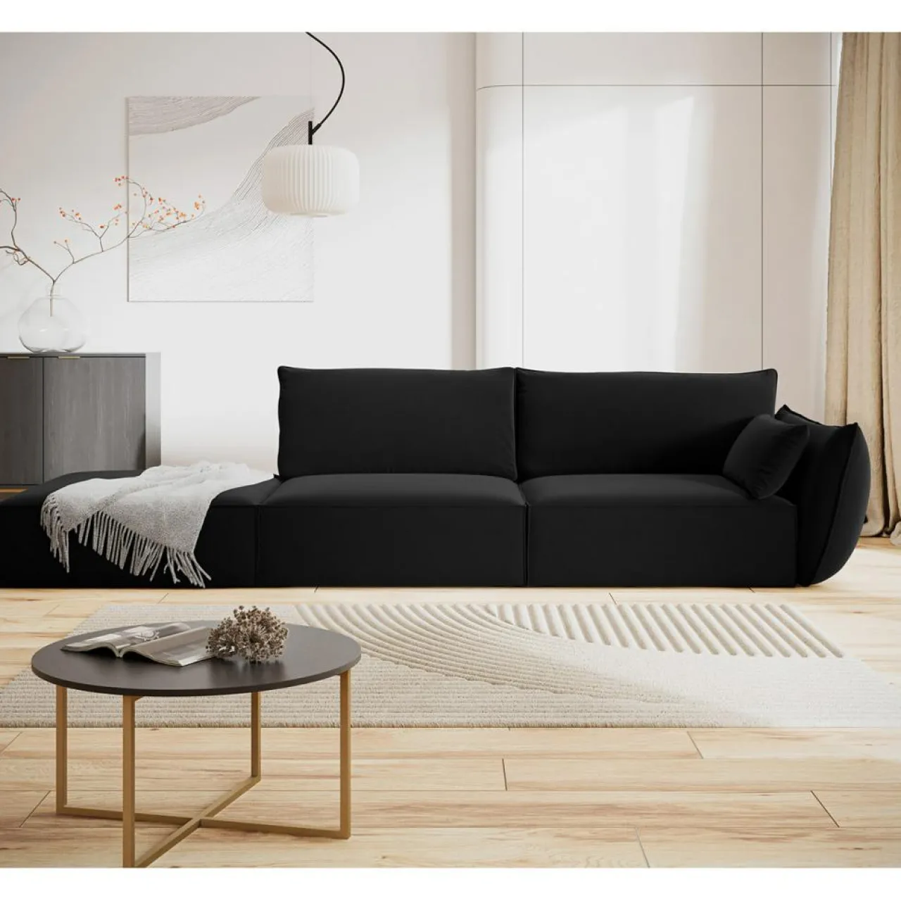 Canapé droit Velours Vanda 4 Places noir - 286x100x85 cm