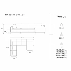 Canapé Panoramique gauche Velours Venus 6 Places beige clair - 326x236x90 cm