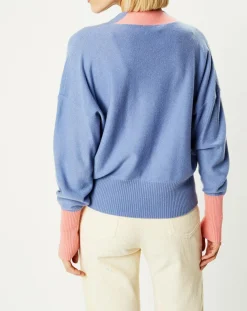 Cardigan 100% Cachemire Fabiola col V bicolore bleu/rose