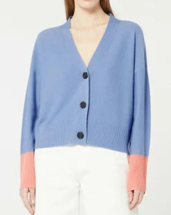 Cardigan 100% Cachemire Fabiola col V bicolore bleu/rose
