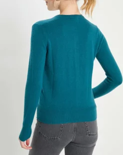 Cardigan 100% Cachemire Zacao col rond bleu/vert