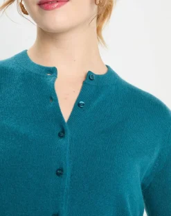 Cardigan 100% Cachemire Zacao col rond bleu/vert