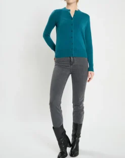 Cardigan 100% Cachemire Zacao col rond bleu/vert