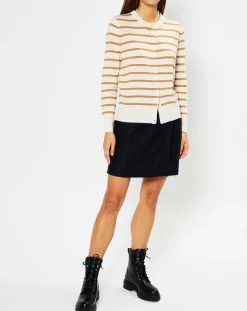 Cardigan en Laine & Cachemire Sacao rayé col rond beige/écru