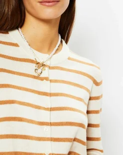 Cardigan en Laine & Cachemire Sacao rayé col rond beige/écru