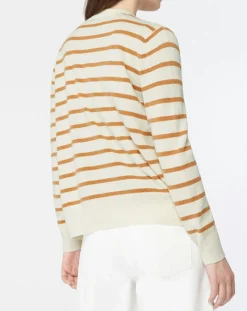 Cardigan en Laine & Cachemire Sacao rayé col rond beige/écru