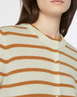 Cardigan en Laine & Cachemire Sacao rayé col rond beige/écru