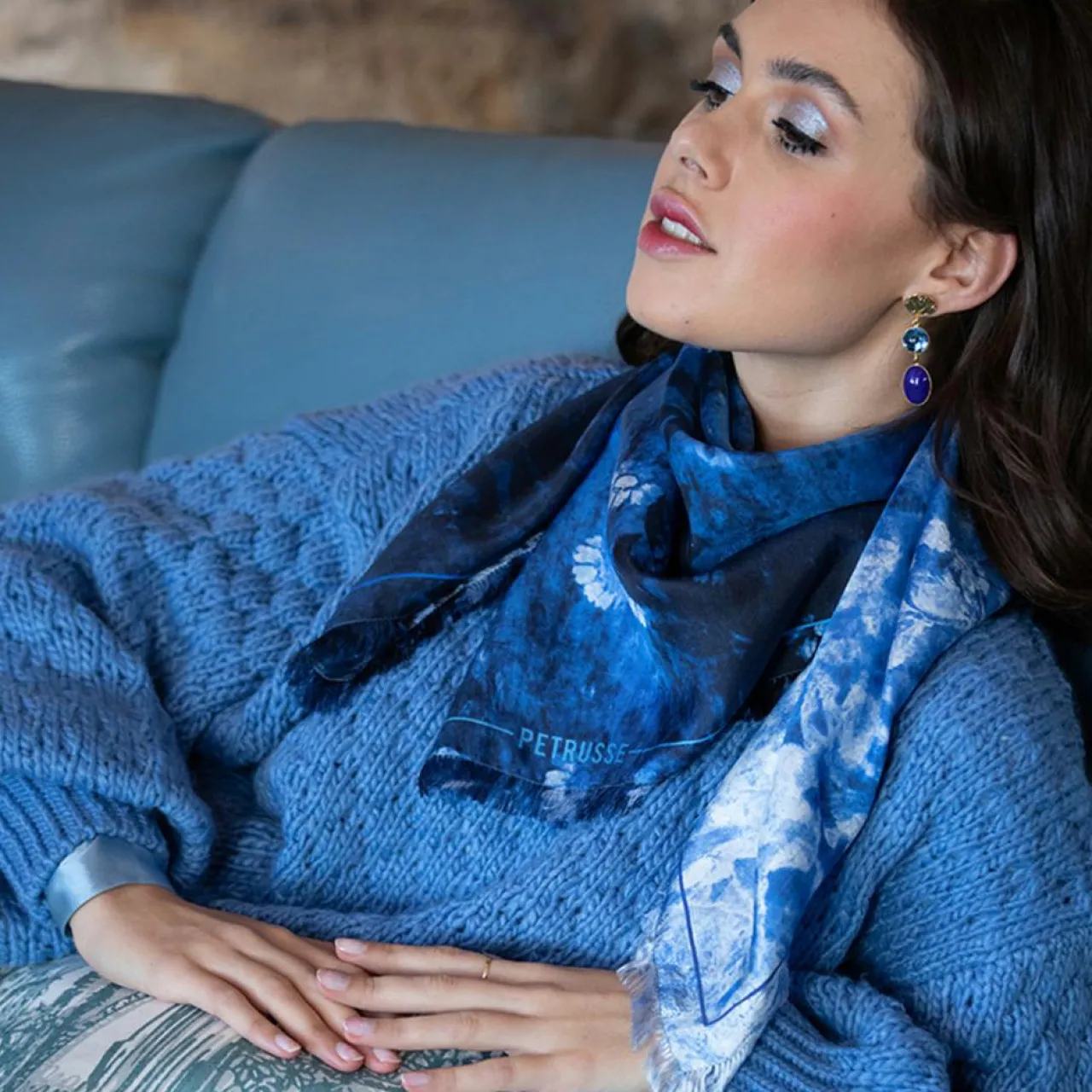 Carré 100% Soie Liv denim - 90x90 cm