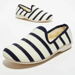 Chaussons charentais fourrés en Laine rayés blancs