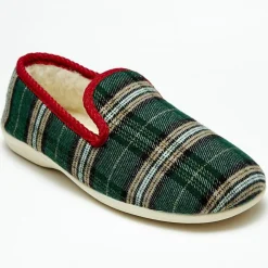 Chaussons charentais fourrés Laine tartan vert bord rouges