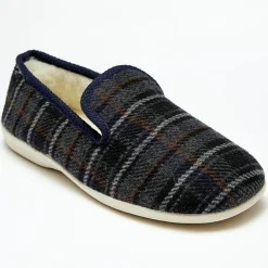 Chaussons charentais fourrés Laine tartan bleu bord bleus