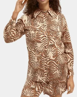 Chemise 100% Lin imprimée corail beige