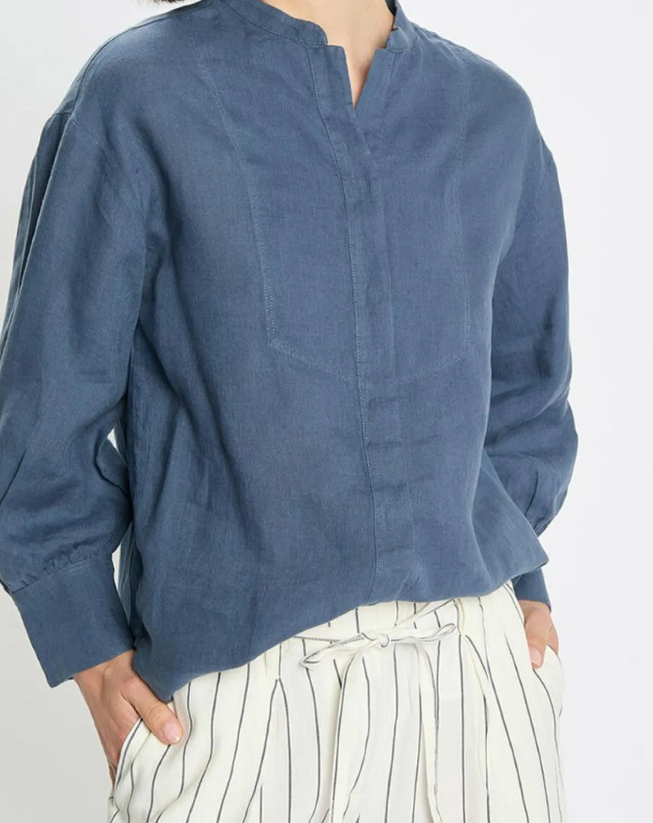 Chemise 100% Lin sans manches Col bleu moyen