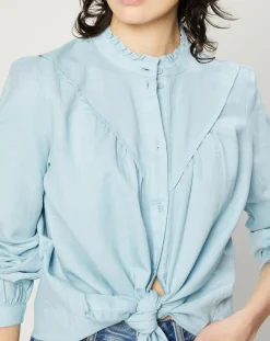 Chemise en Lin & Coton à Col Volant bleu clair