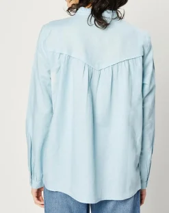 Chemise en Lin & Coton à Col Volant bleu clair