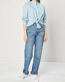 Chemise en Lin & Coton à Col Volant bleu clair