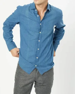 Chemise en Lin & Coton Slim Fit Text micro imprimé bleu moyen