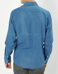 Chemise en Lin & Coton Slim Fit Text micro imprimé bleu moyen