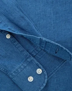 Chemise en Lin & Coton Slim Fit Text micro imprimé bleu moyen