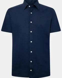 Chemise en Lin & Coton Slim Fit manches courtes Tricot bleue