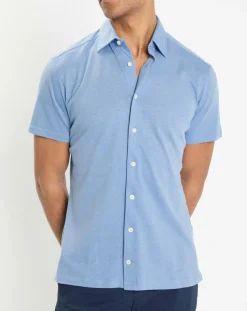 Chemise en Lin & Coton Slim Fit manches courtes Tricot bleu moyen