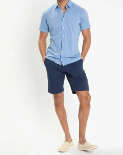 Chemise en Lin & Coton Slim Fit manches courtes Tricot bleu moyen