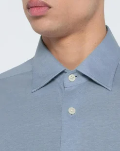 Chemise en Lin mélangé Slim Fit Polo Piqué bleu clair