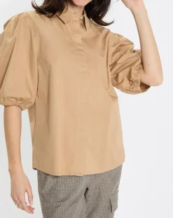 Chemise paperbag pinces manches 3/4 beige