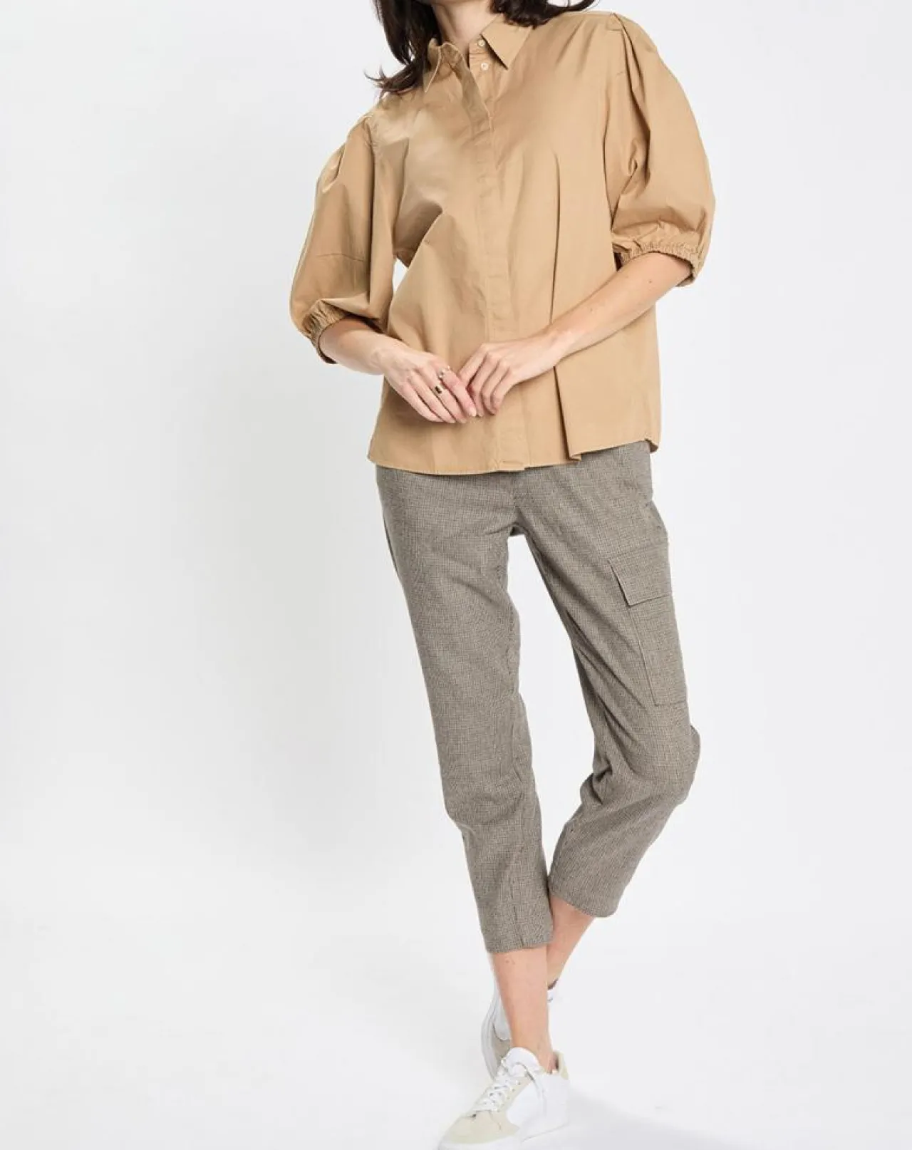 Chemise paperbag pinces manches 3/4 beige