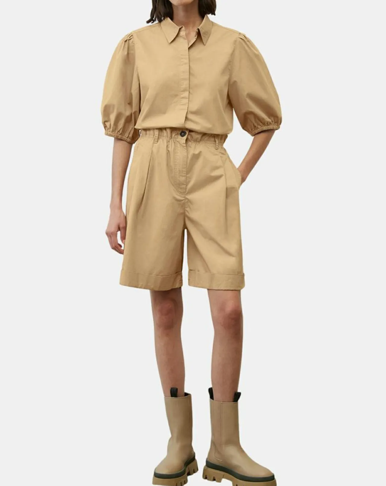 Chemise paperbag pinces manches 3/4 beige