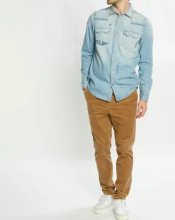 Chemise Regular Fit en Jean Western Patch bleu clair délavé