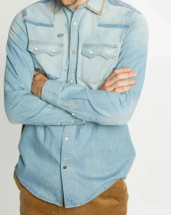 Chemise Regular Fit en Jean Western Patch bleu clair délavé